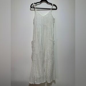 Aerie | White Cotton Maxi Dress | Crinkle V-Neck Summer Dress with Metallic